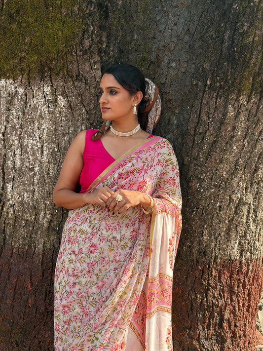 Khushi (खुशी) White & Pink Floral Hand Block Printed Pure Chiffon Saree