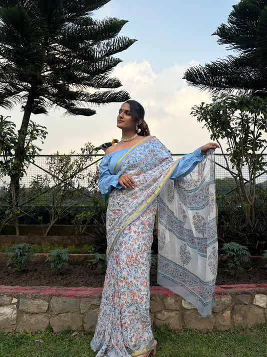 Maahi (माही) White & Blue Floral Hand Block Printed Pure Chiffon Saree
