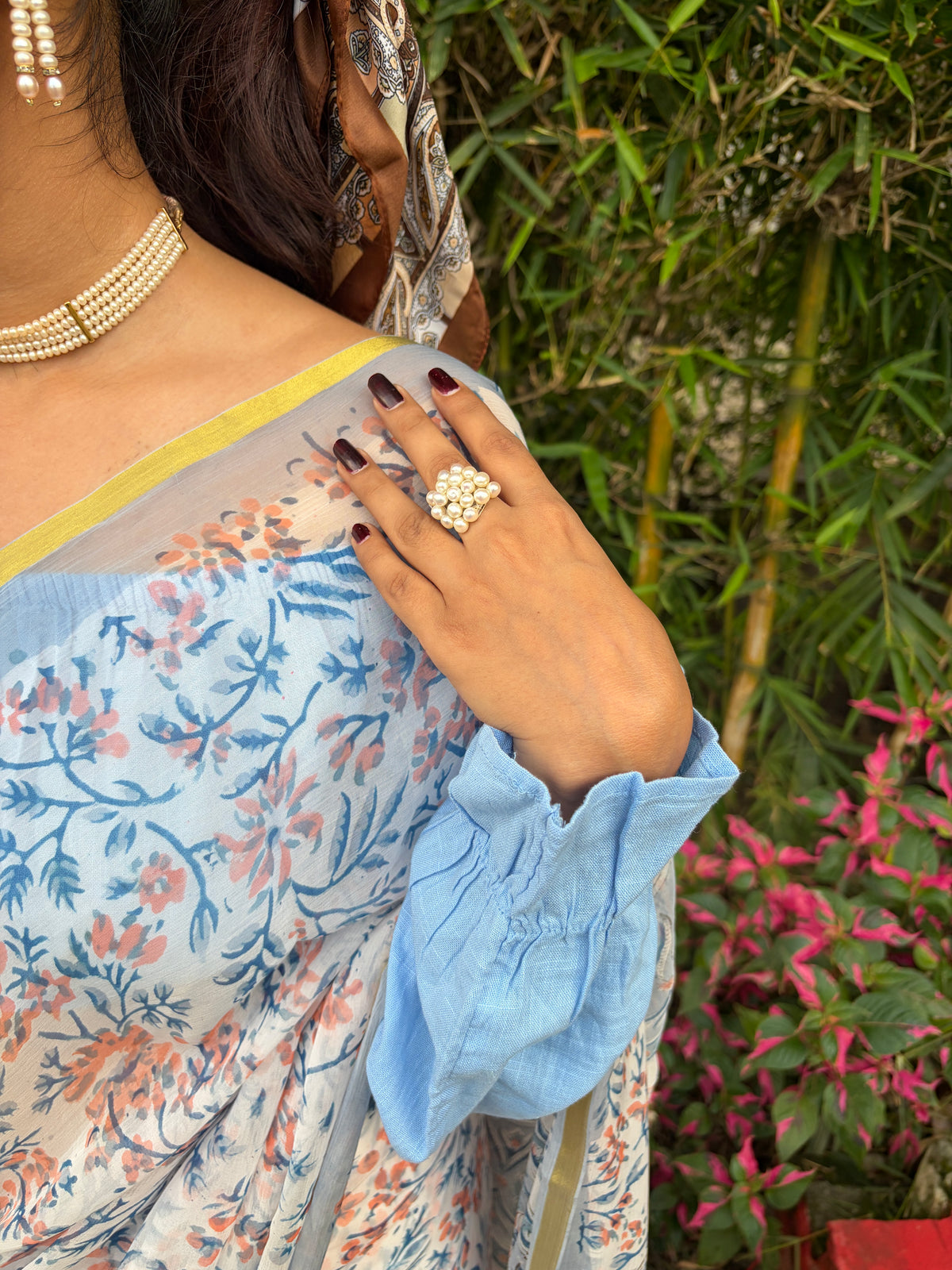 Maahi (माही) White & Blue Floral Hand Block Printed Pure Chiffon Saree