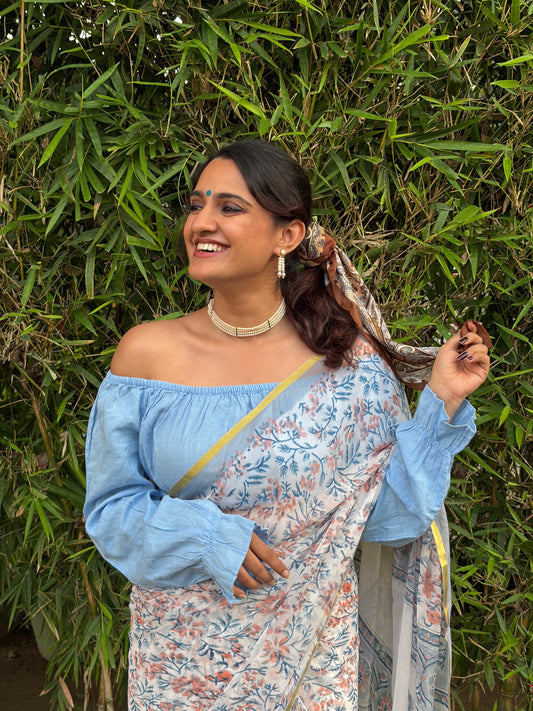 Maahi (माही) White & Blue Floral Hand Block Printed Pure Chiffon Saree
