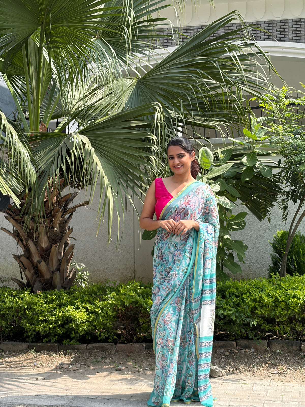 Sakhi (सखी ) Blue-Green Floral Hand Block Printed Pure Chiffon Saree