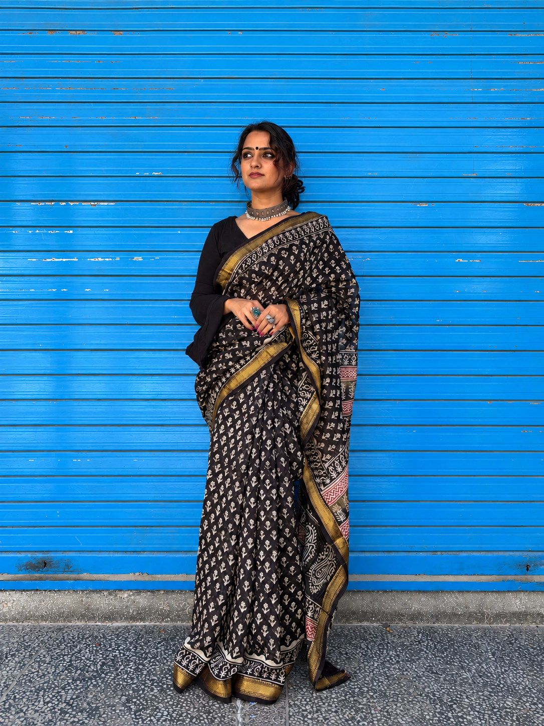 “Shama (शमा)” Black Hand Block Printed Maheshwari Silk