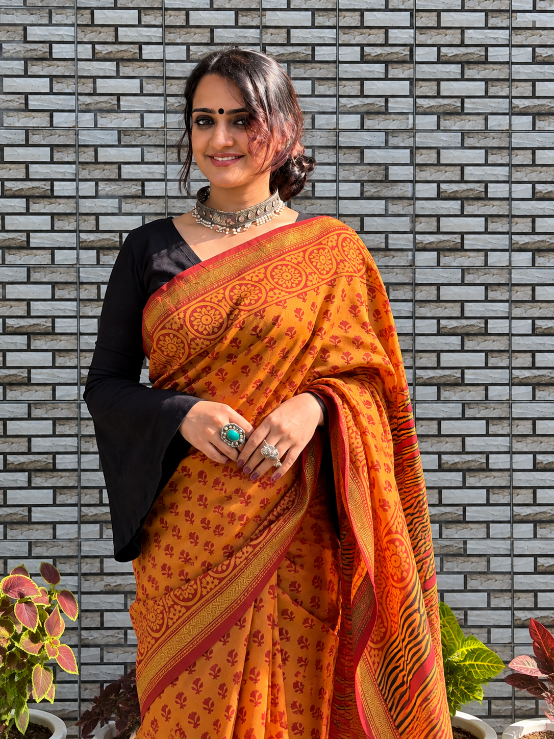 “KESARI (केसरी )” Kesar Orange Hand Block Printed Maheshwari Silk Saree