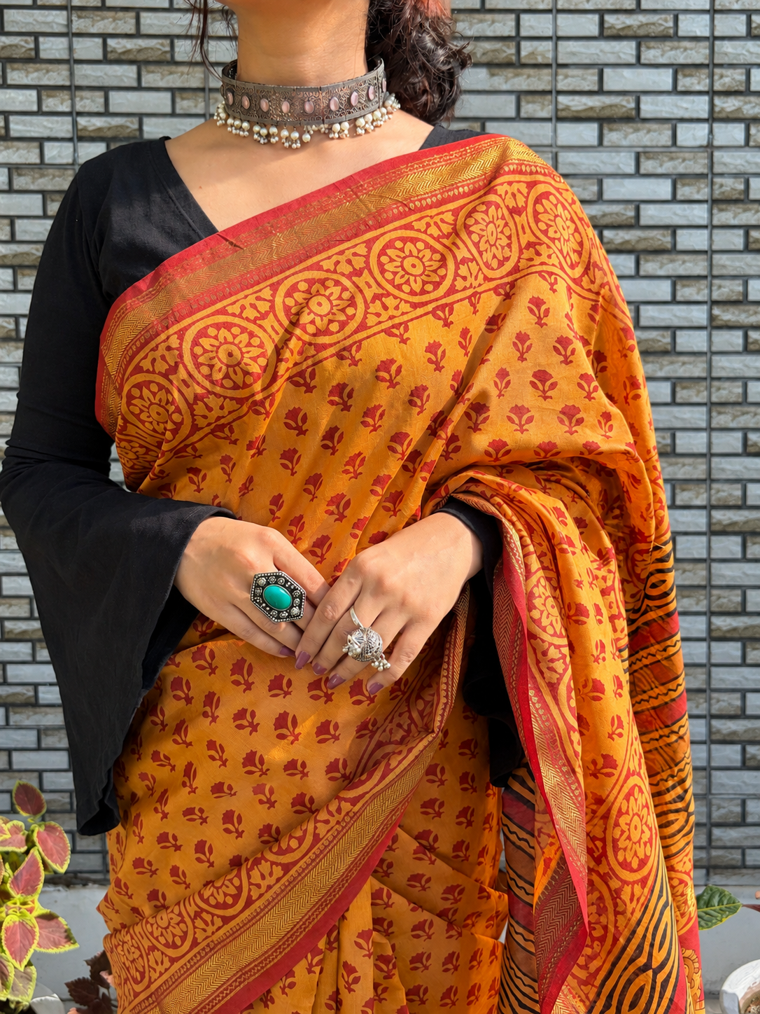 “KESARI (केसरी )” Kesar Orange Hand Block Printed Maheshwari Silk Saree