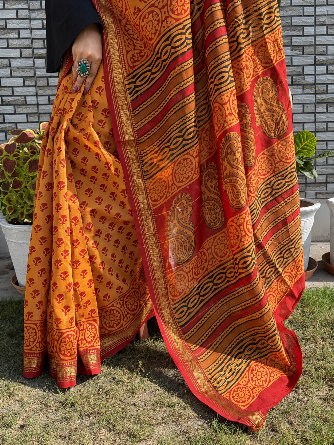 “KESARI (केसरी )” Kesar Orange Hand Block Printed Maheshwari Silk Saree