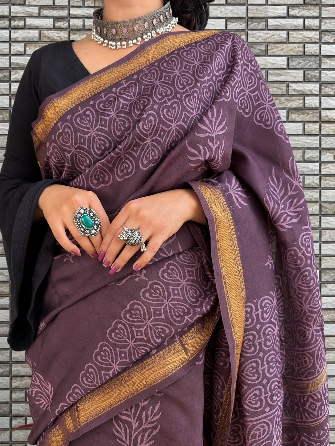 “SANDHYA (संध्या  ) ” Dusky Mauve Hand Block Printed Maheshwari Silk Saree