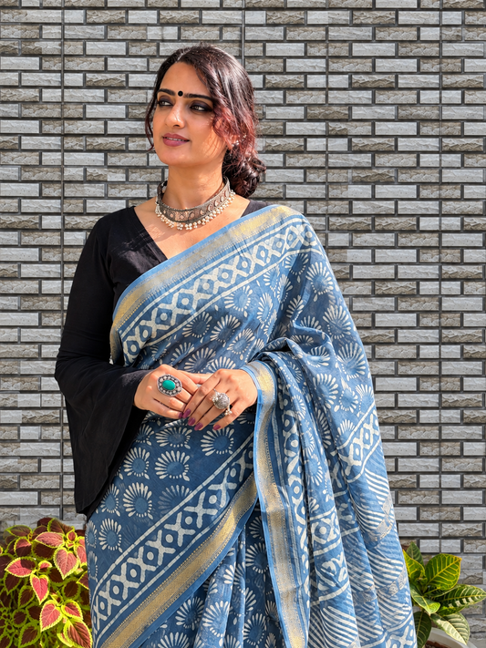 “Neelam (नीलम)” Indigo-Grey Hand Block Printed Maheshwari Silk