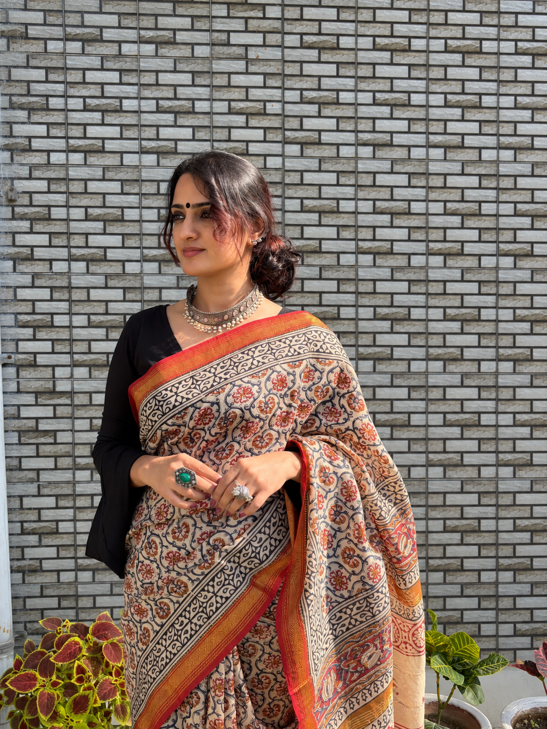 “Kasturi (कस्तूरी)”  Beige Hand Block Printed Maheshwari Silk