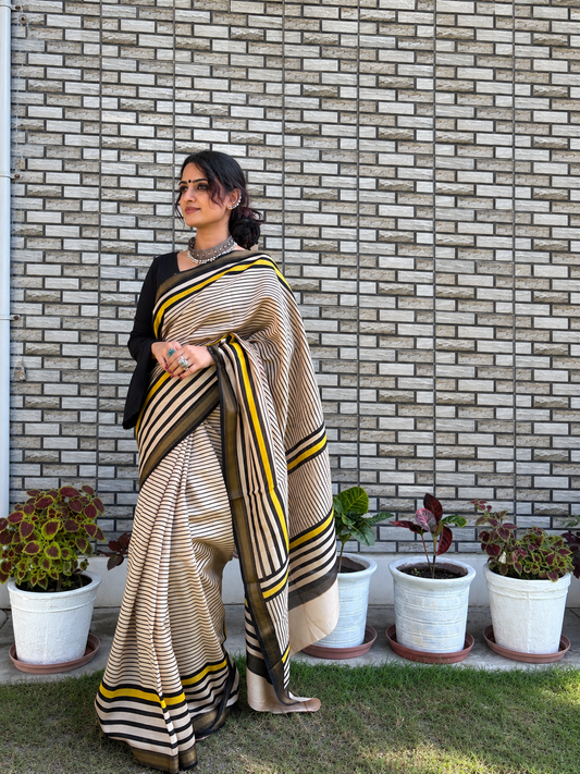 “Rekha (रेखा)” Beige Hand Block Printed Maheshwari Silk