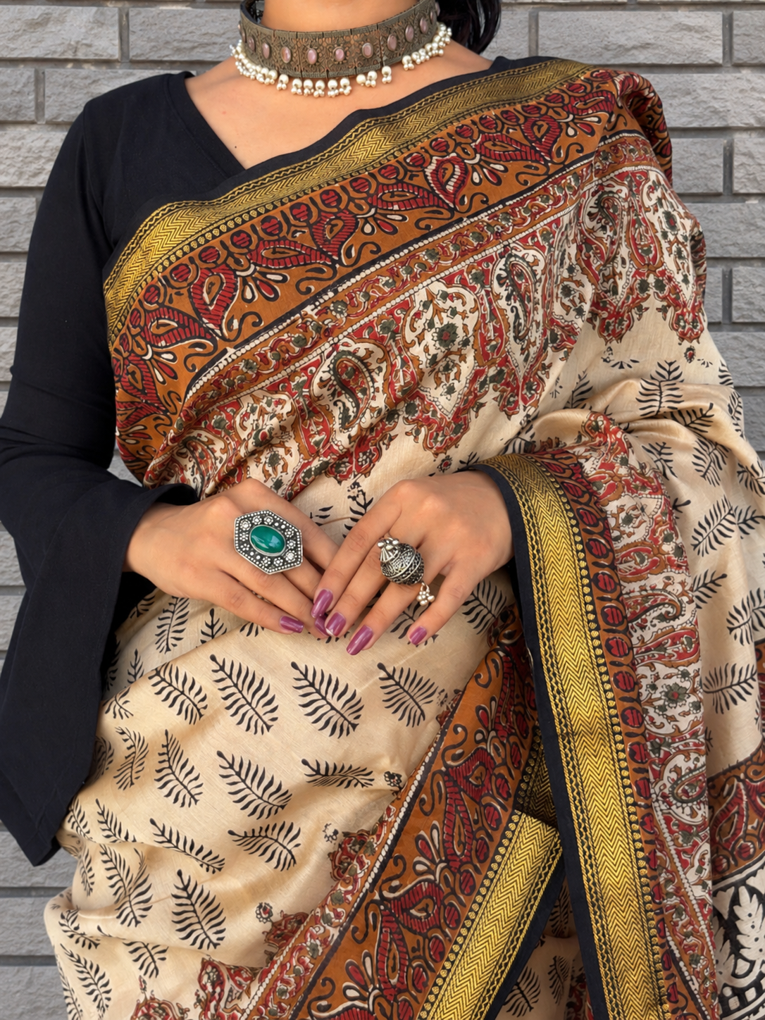 “Zeenat (ज़ीनत)” Beige Hand Block Printed Maheshwari Silk