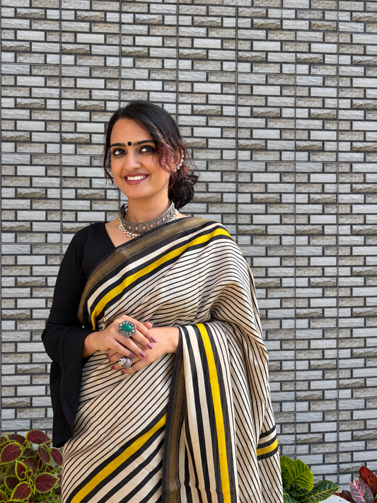 “Rekha (रेखा)” Beige Hand Block Printed Maheshwari Silk
