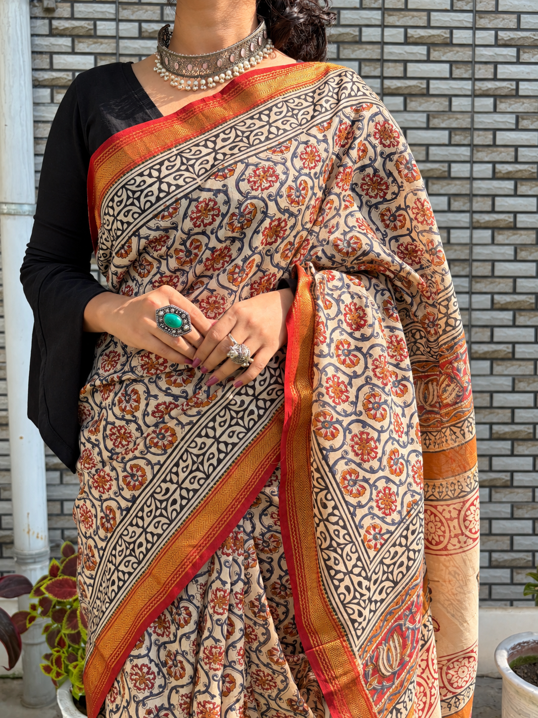 “Kasturi (कस्तूरी)”  Beige Hand Block Printed Maheshwari Silk