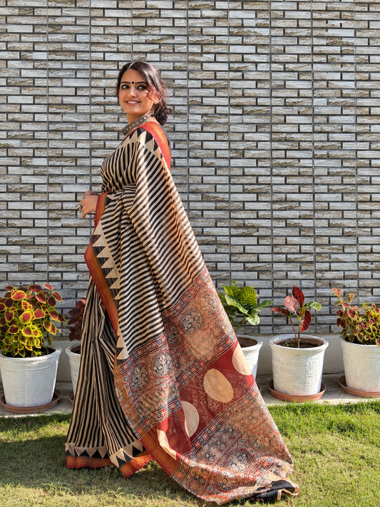 “Rachna (रचना)” Beige and Black Striped Hand Block Printed Saree with Rust Ajrakh Palla