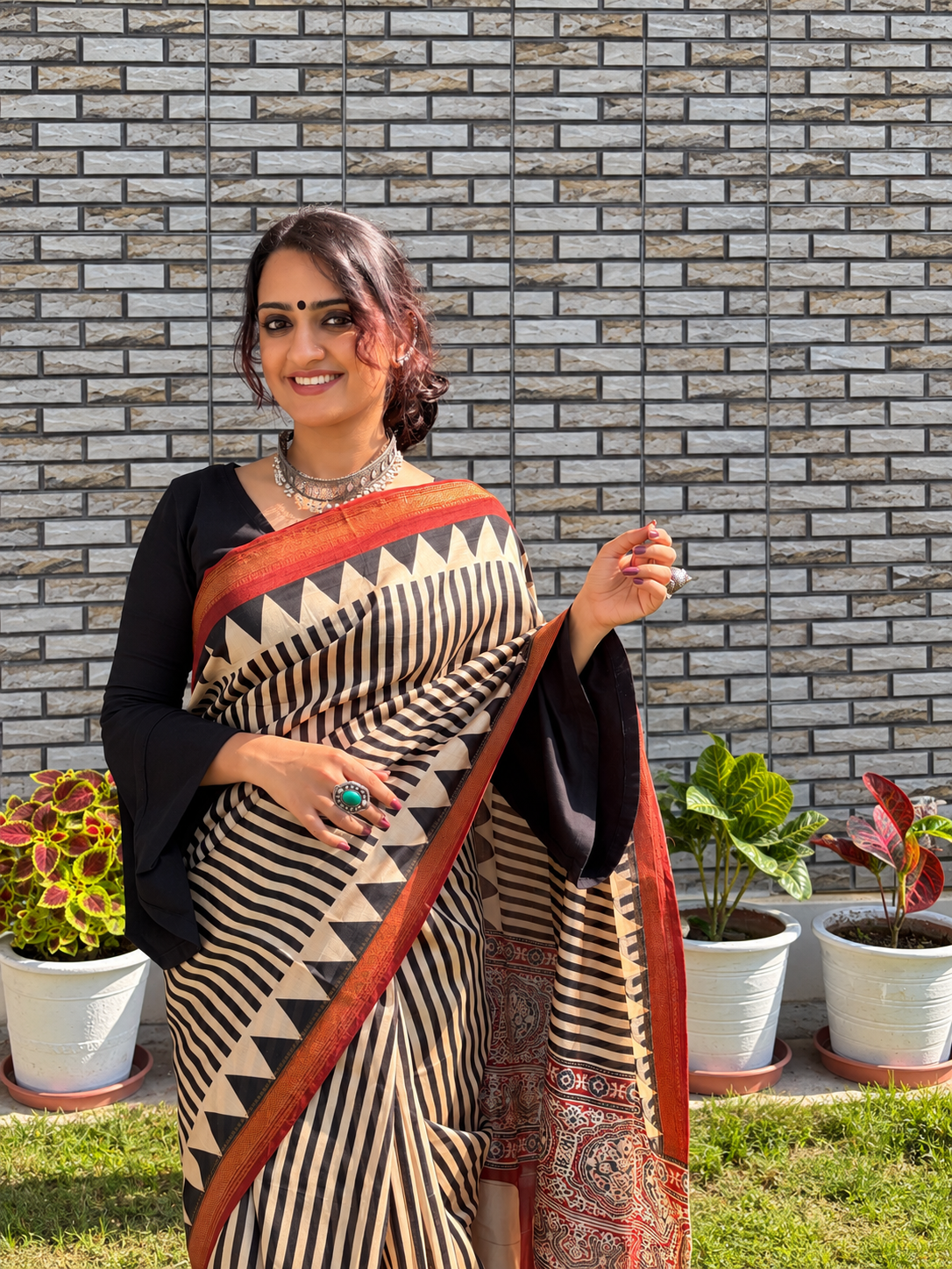 “Rachna (रचना)” Beige and Black Striped Hand Block Printed Saree with Rust Ajrakh Palla