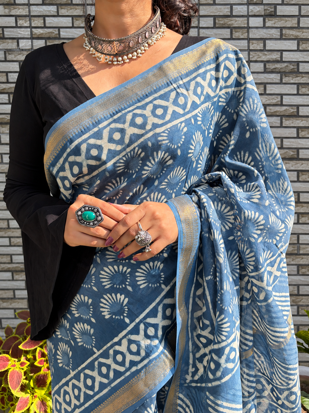 “Neelam (नीलम)” Indigo-Grey Hand Block Printed Maheshwari Silk