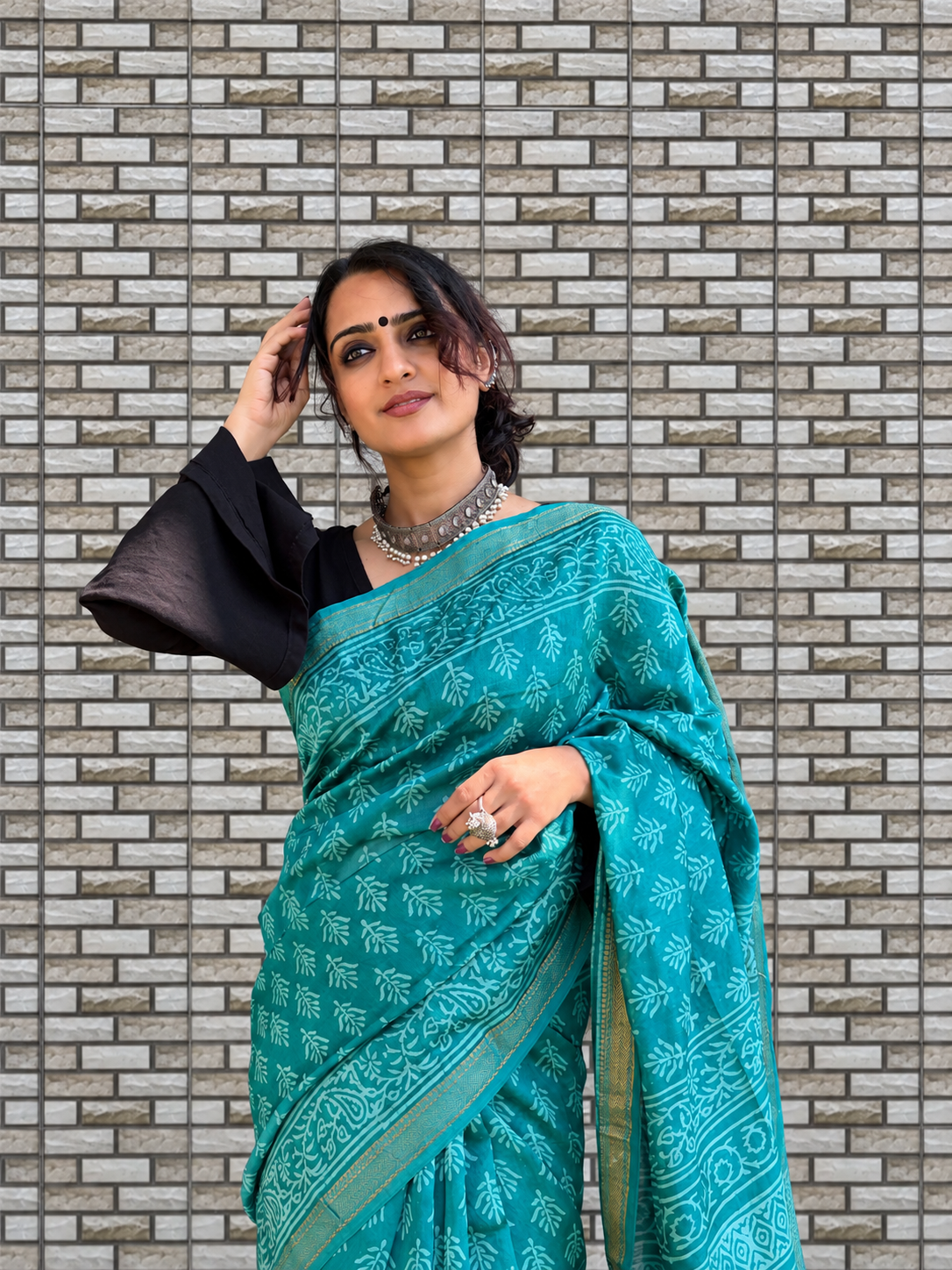 “BARKHA (बरखा) ”Teal Hand Block Printed Maheshwari Silk Saree