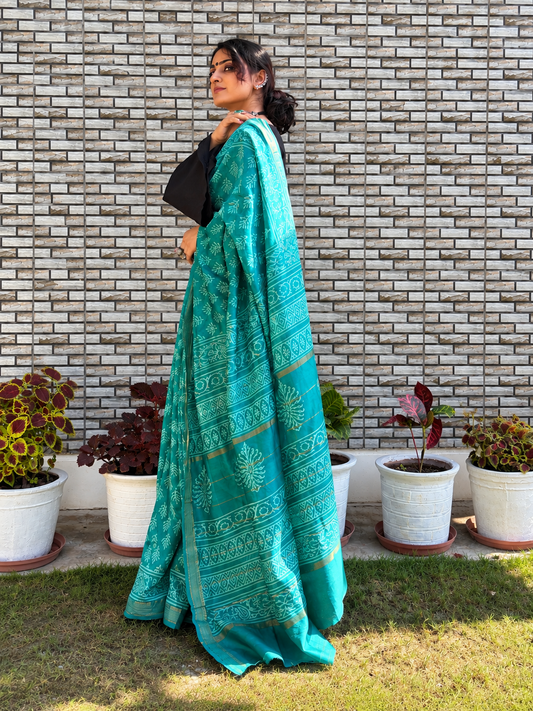 “BARKHA (बरखा) ”Teal Hand Block Printed Maheshwari Silk Saree