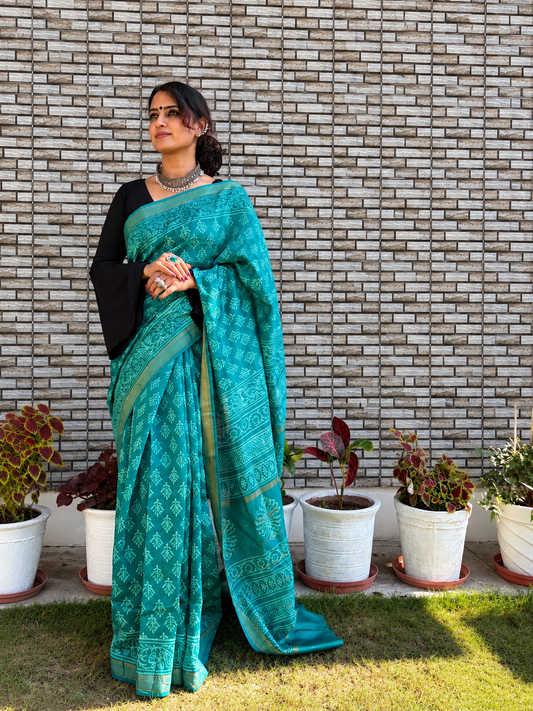 “BARKHA (बरखा) ”Teal Hand Block Printed Maheshwari Silk Saree