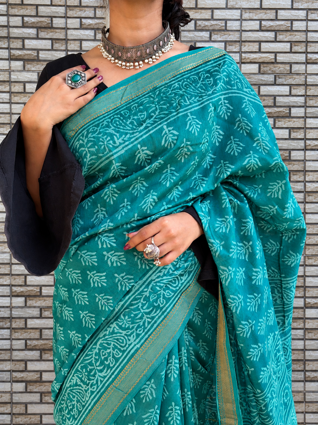 “BARKHA (बरखा) ”Teal Hand Block Printed Maheshwari Silk Saree