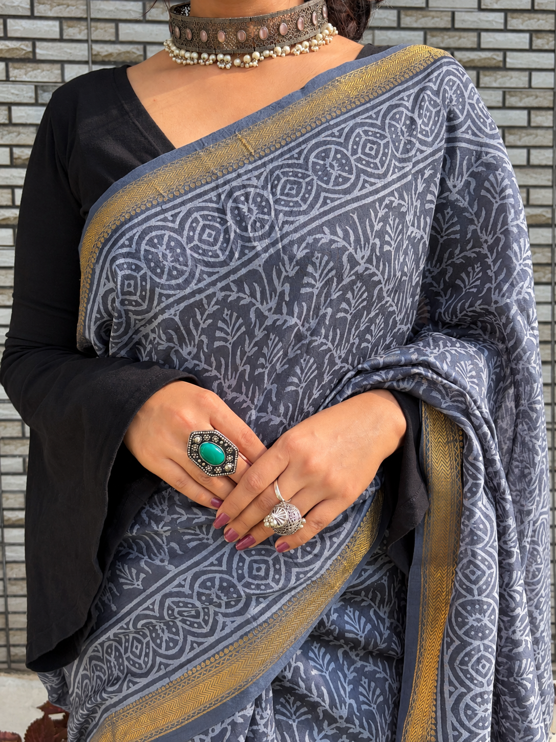 “CHHAYA (छाया ) ” Charcoal Grey Hand Block Printed Maheshwari Silk Saree