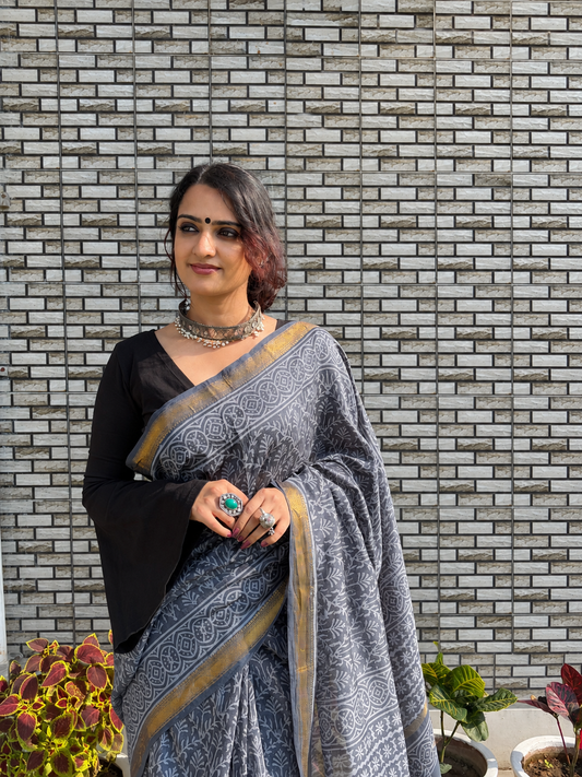 “CHHAYA (छाया ) ” Charcoal Grey Hand Block Printed Maheshwari Silk Saree