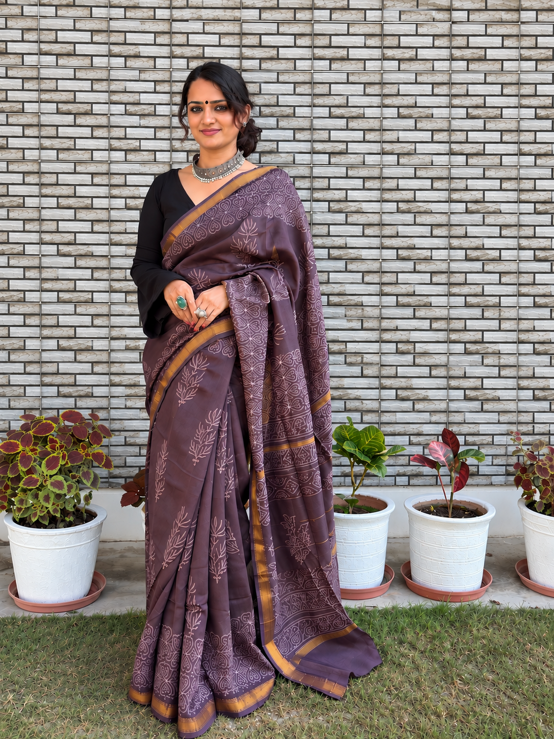 “SANDHYA (संध्या  ) ” Dusky Mauve Hand Block Printed Maheshwari Silk Saree