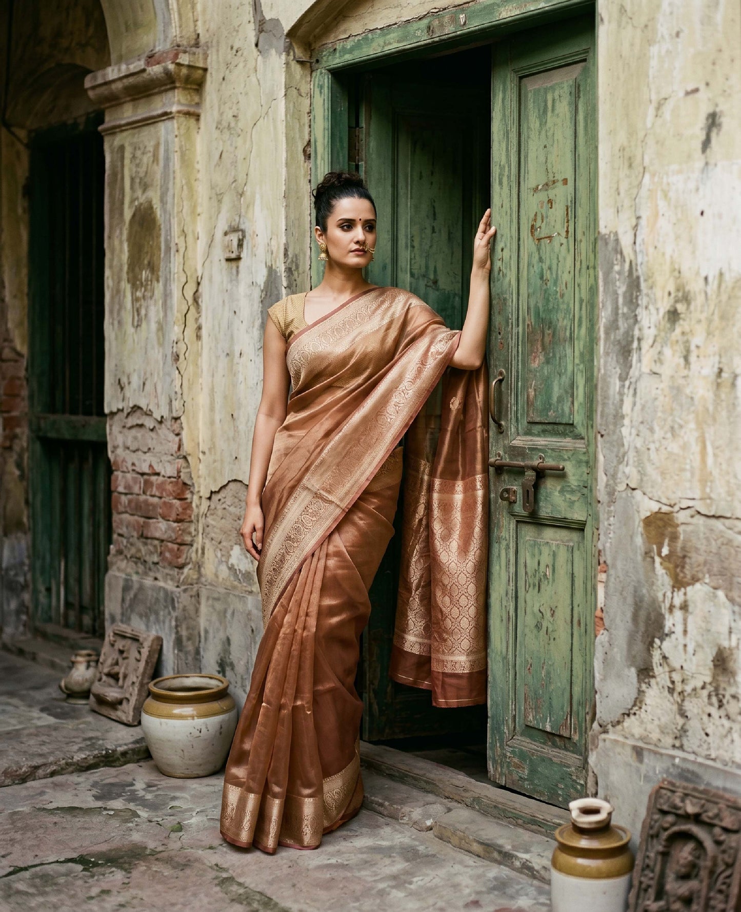 “Arohi” Rust Pure Tissue Banarasi Handloom Saree
