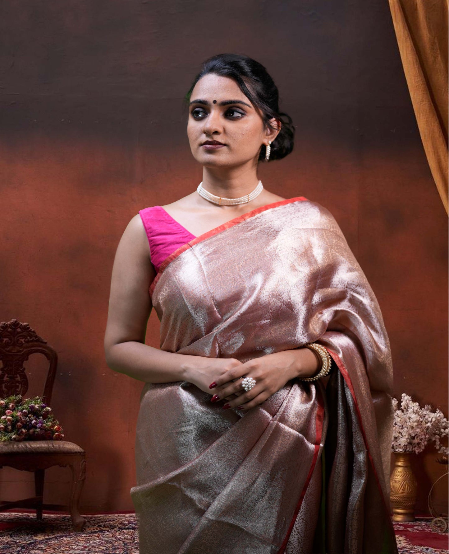 “Nyra” Rust-Silver Metallic Tissue Brocade Banarasi Handloom Saree
