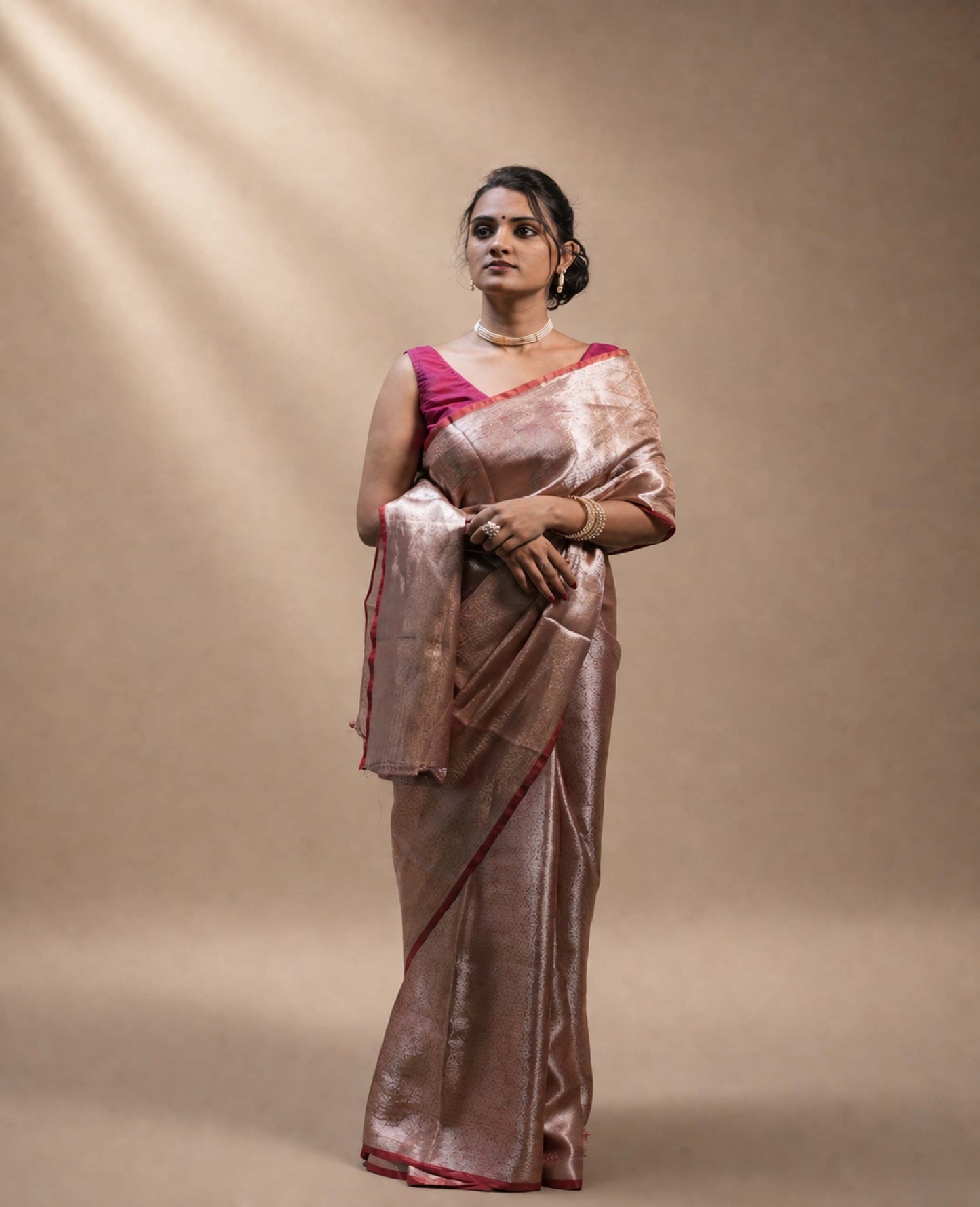 “Nyra” Rust-Silver Metallic Tissue Brocade Banarasi Handloom Saree