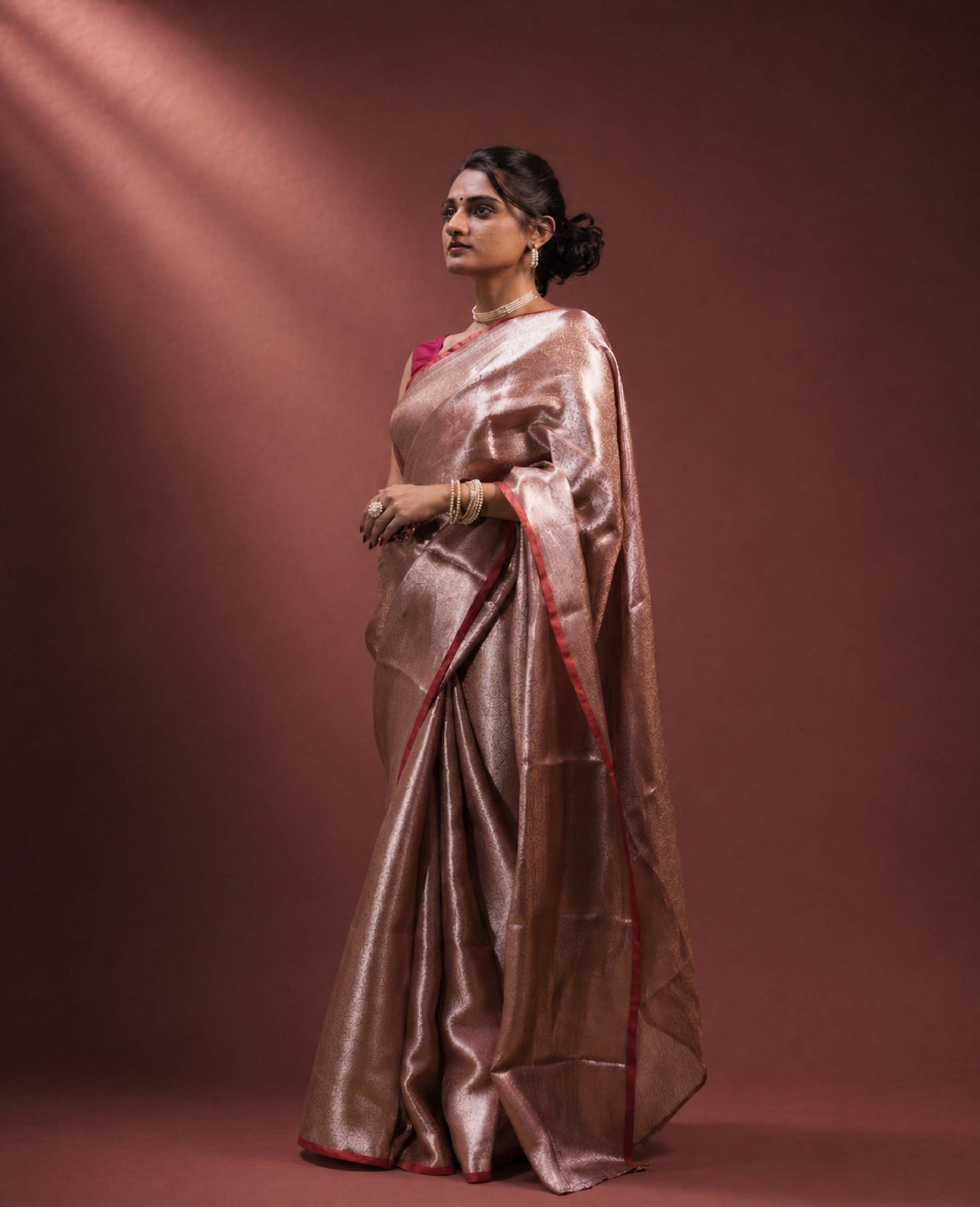 “Nyra” Rust-Silver Metallic Tissue Brocade Banarasi Handloom Saree