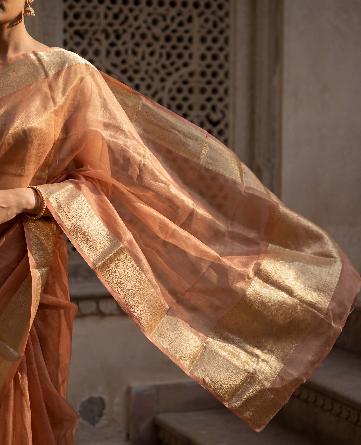“Ziya” Peach-Gold Pure Light Tissue Banarasi Handloom Saree