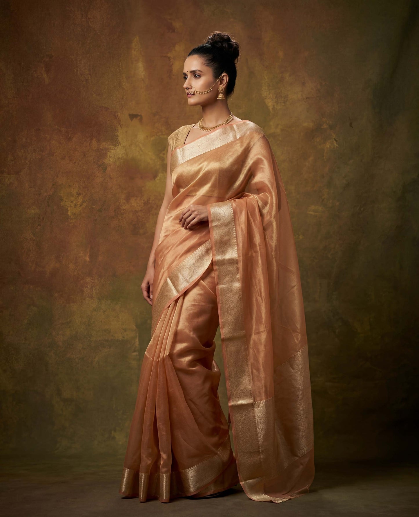 “Ziya” Peach-Gold Pure Light Tissue Banarasi Handloom Saree