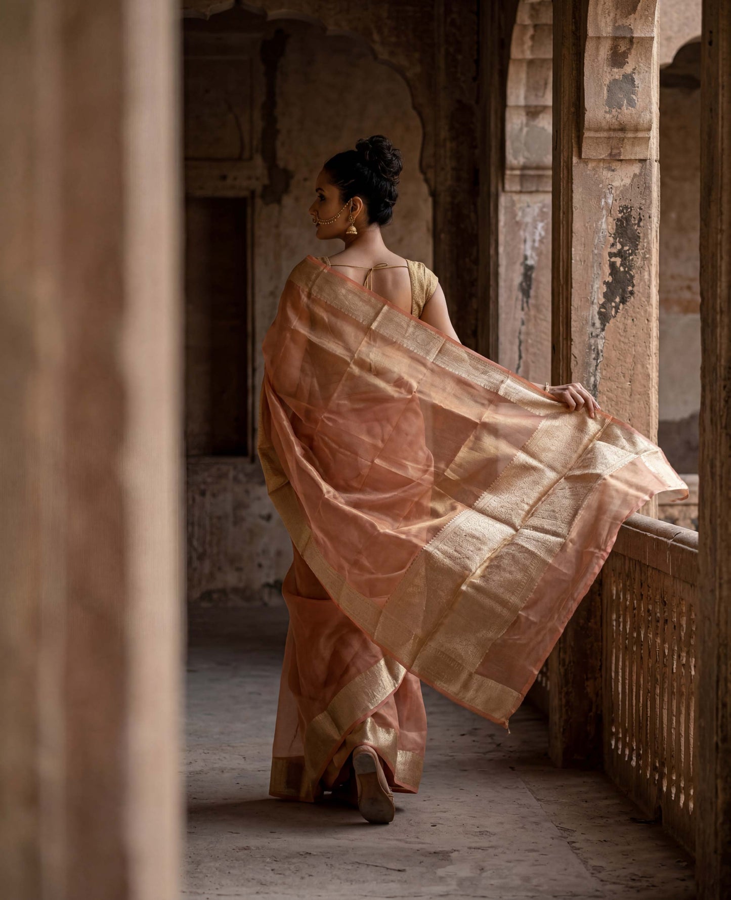 “Ziya” Peach-Gold Pure Light Tissue Banarasi Handloom Saree