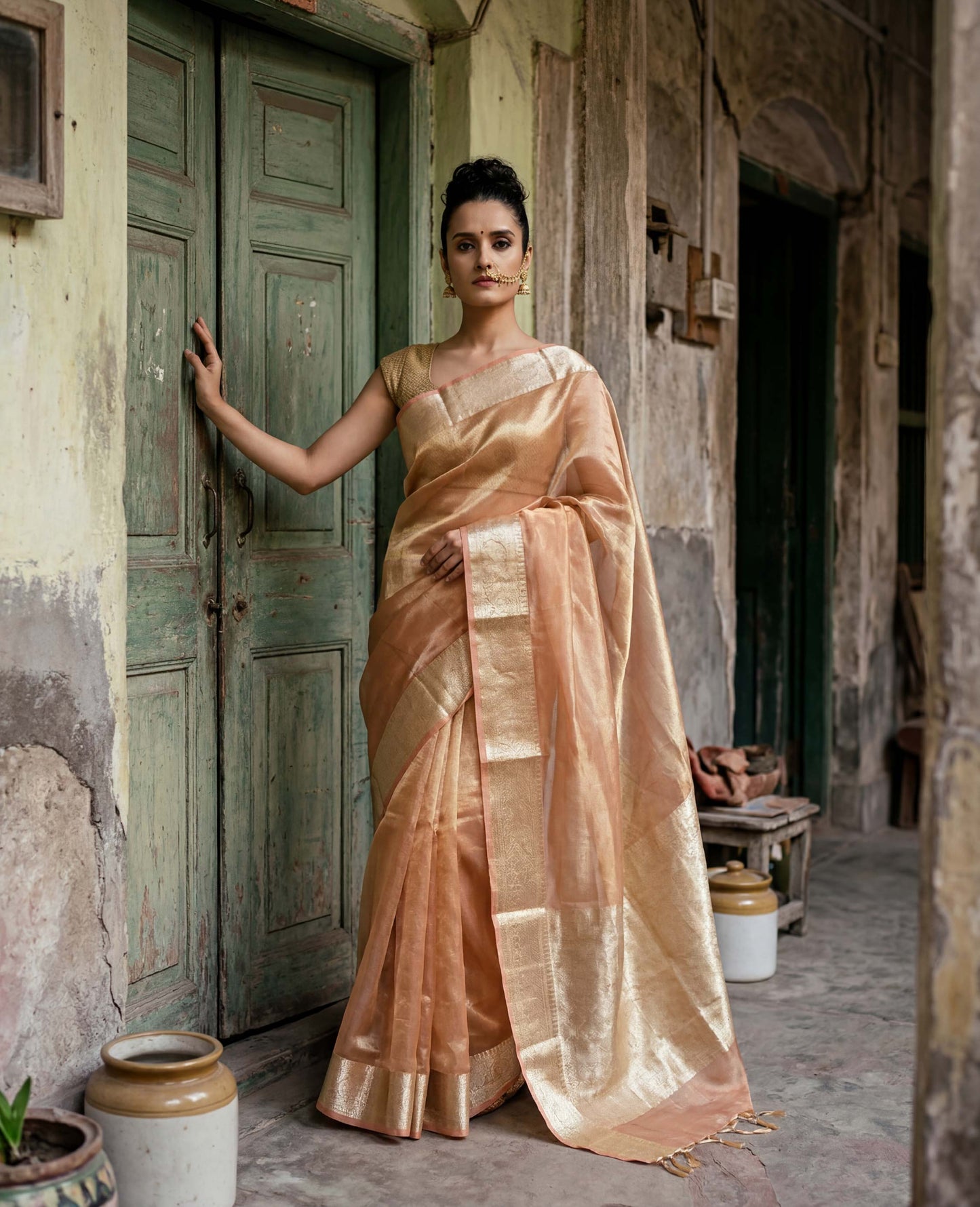 “Ziya” Peach-Gold Pure Light Tissue Banarasi Handloom Saree