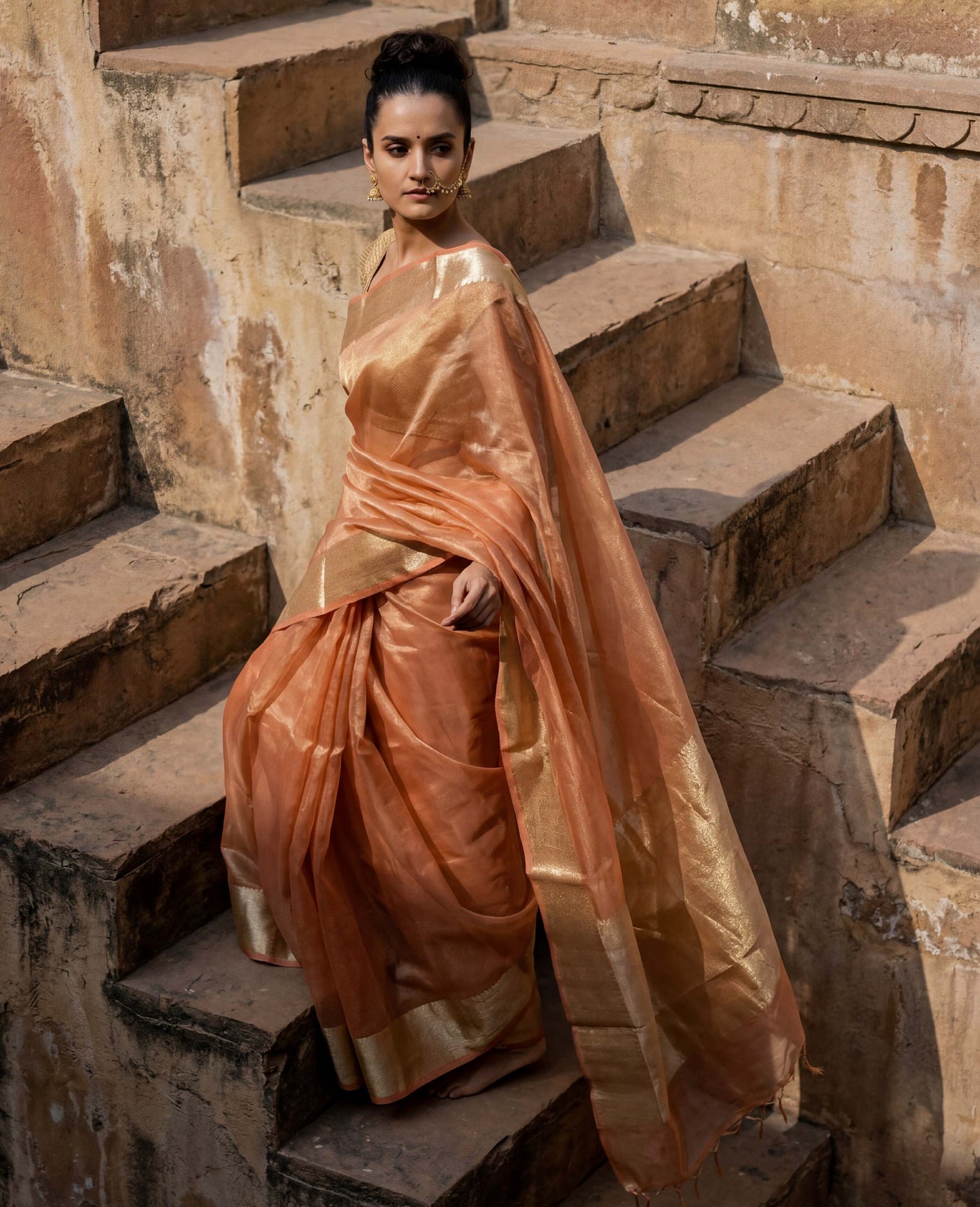 “Ziya” Peach-Gold Pure Light Tissue Banarasi Handloom Saree