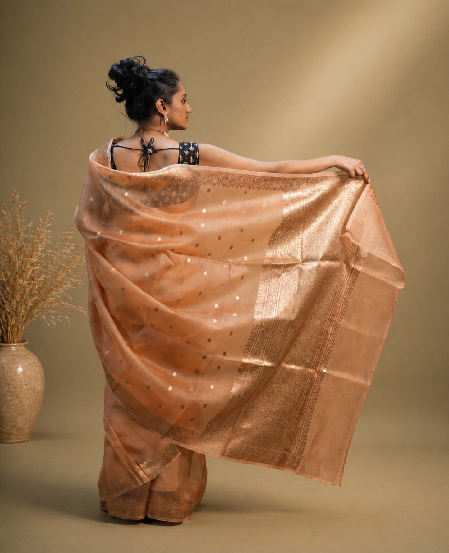 “Kashvi” Faun Gold Kora Organza Banarasi Handloom Saree