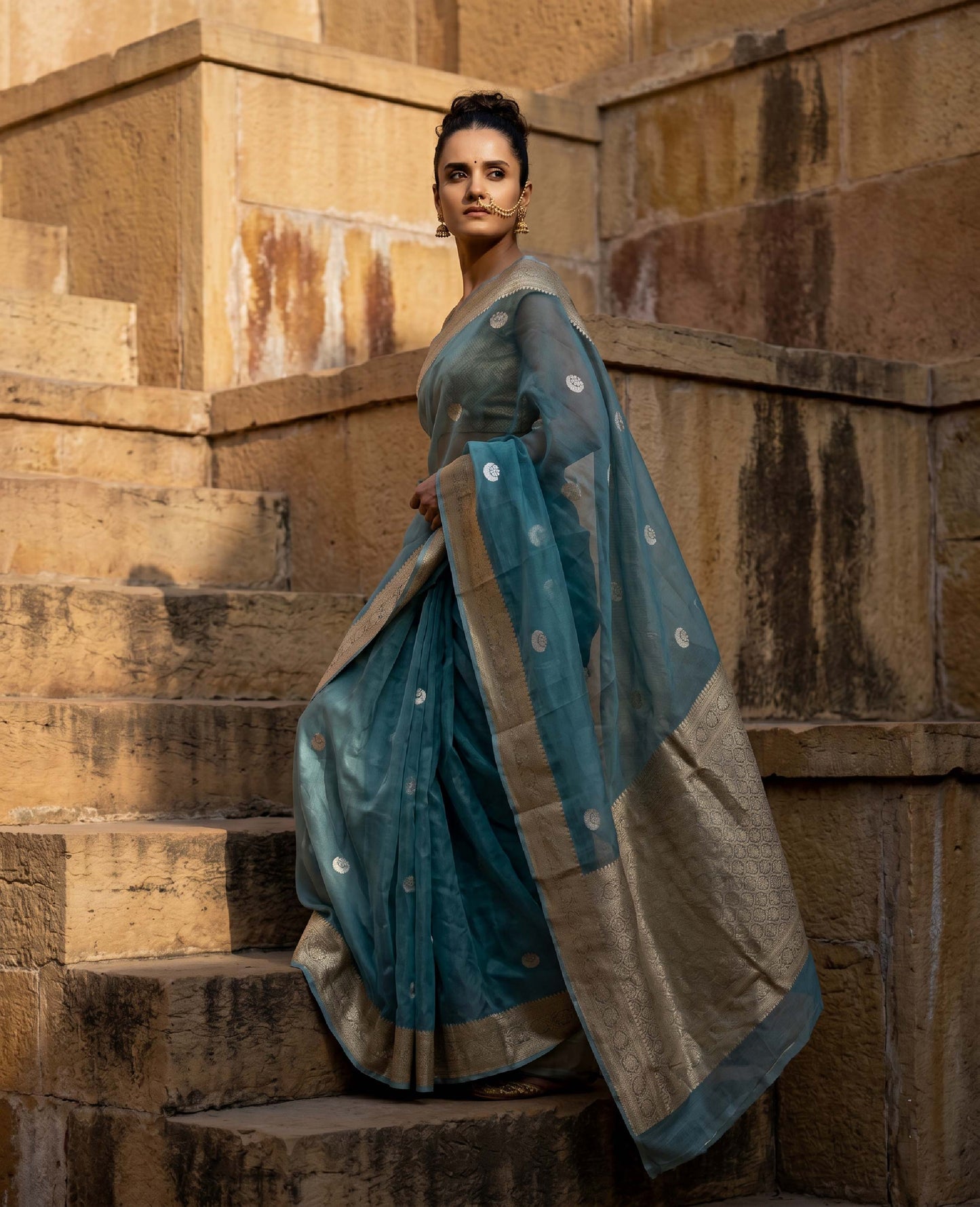 “Leher” Teal Kora Organza Banarasi Handloom Saree
