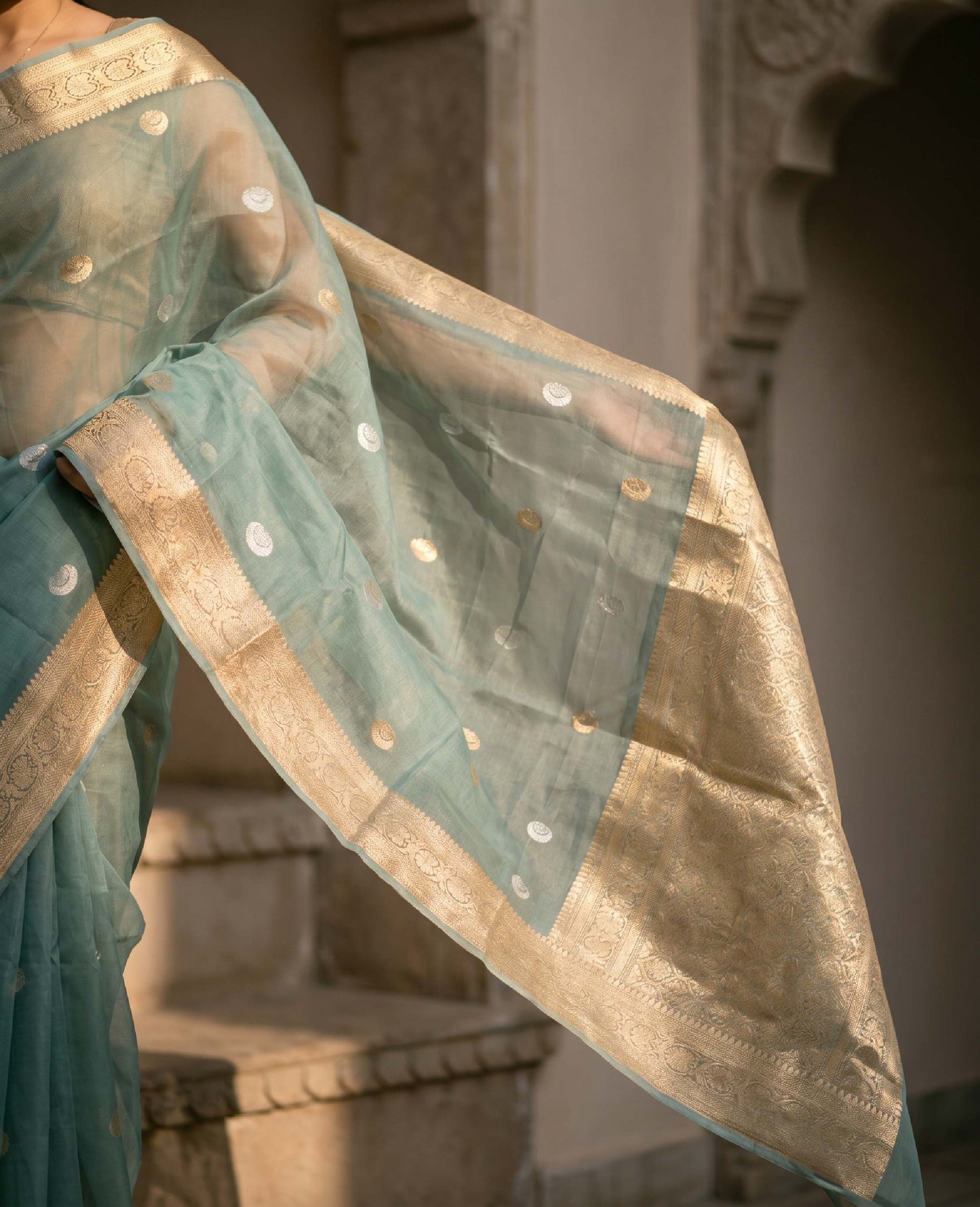 “Leher” Teal Kora Organza Banarasi Handloom Saree