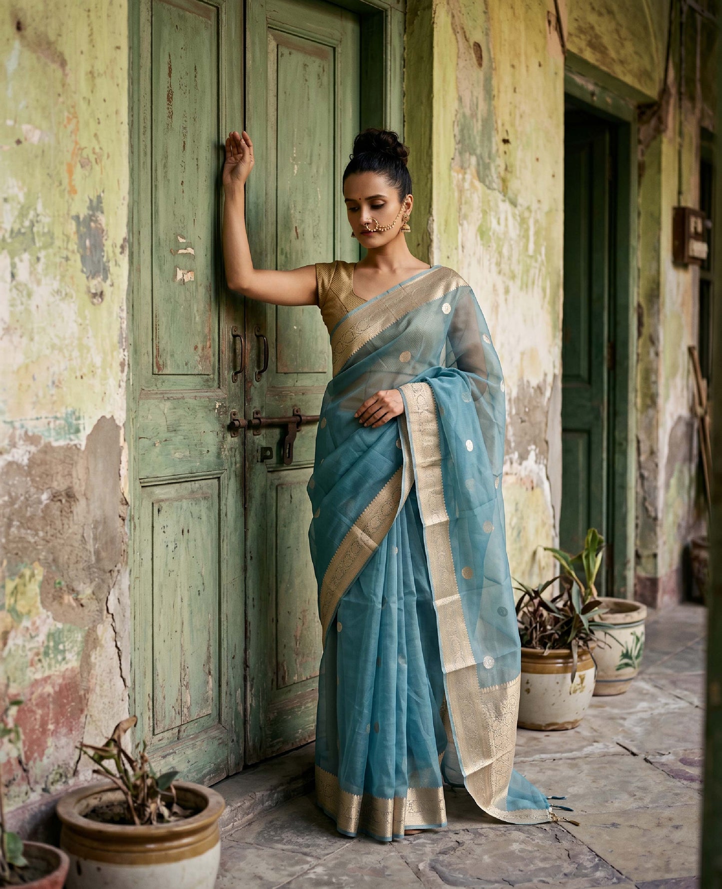 “Leher” Teal Kora Organza Banarasi Handloom Saree