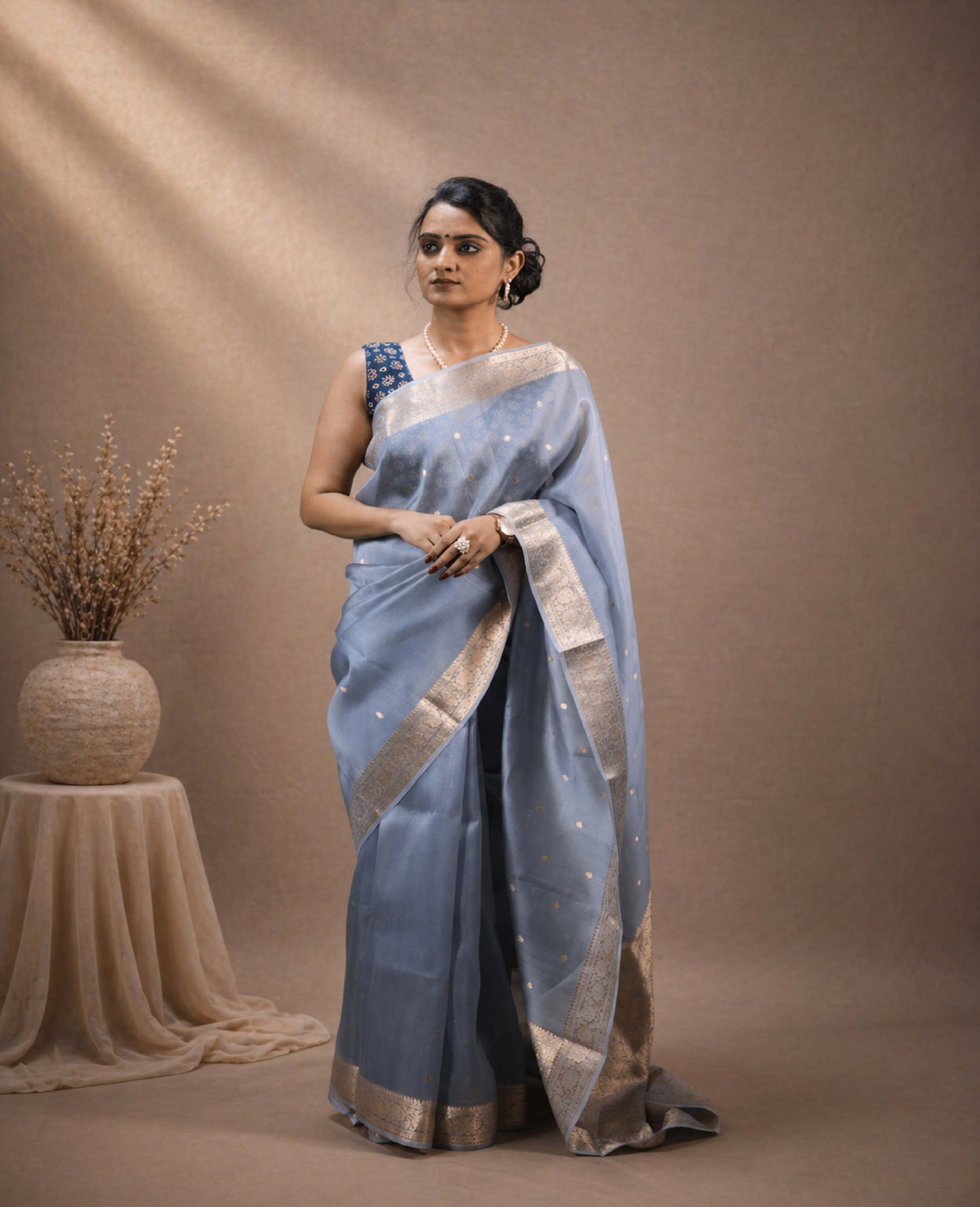 “Maira” Powder Blue-Grey Kora Organza Banarasi Handloom Saree