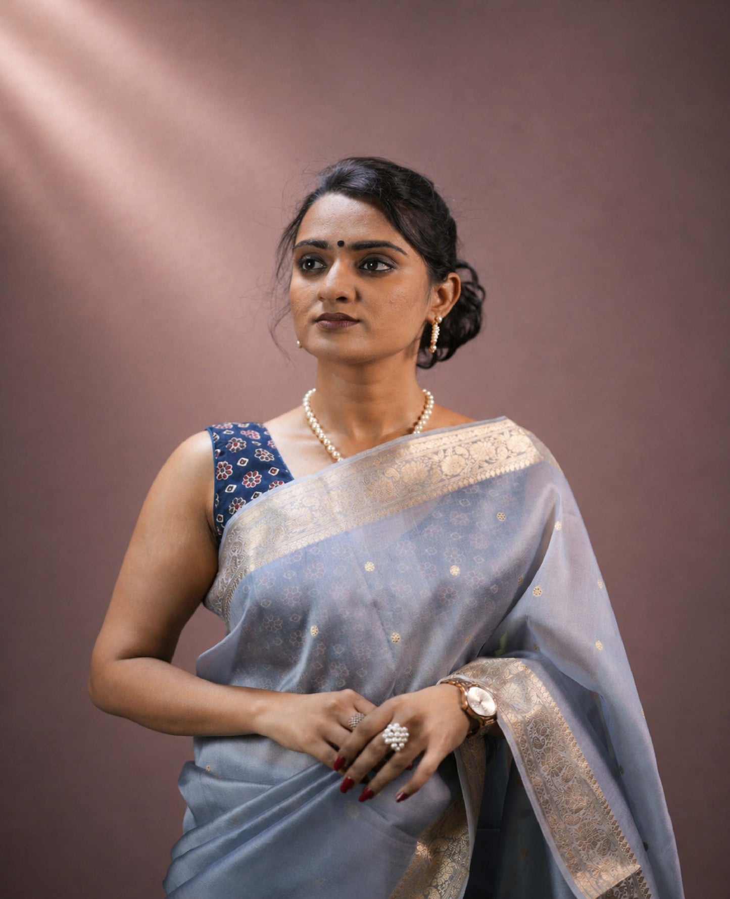 “Maira” Powder Blue-Grey Kora Organza Banarasi Handloom Saree