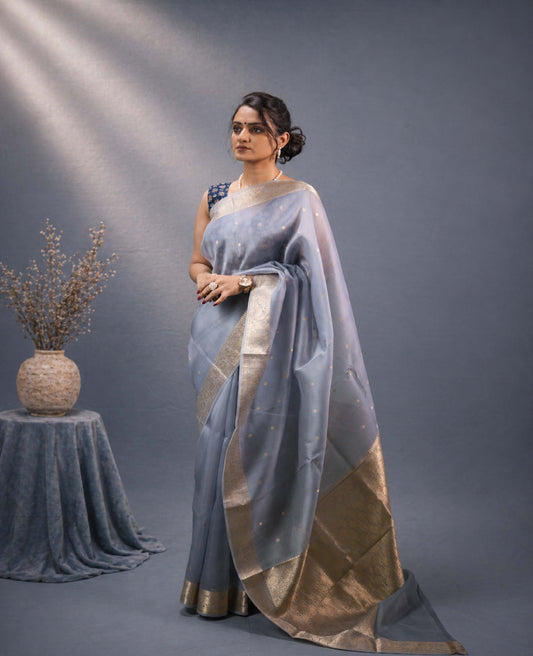 “Maira” Powder Blue-Grey Kora Organza Banarasi Handloom Saree