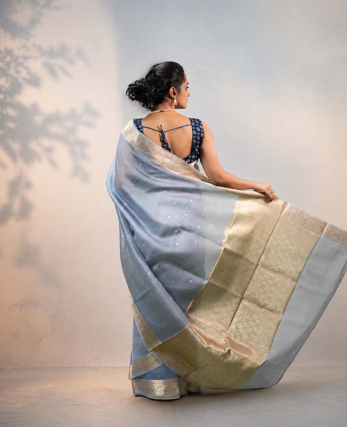 “Maira” Powder Blue-Grey Kora Organza Banarasi Handloom Saree