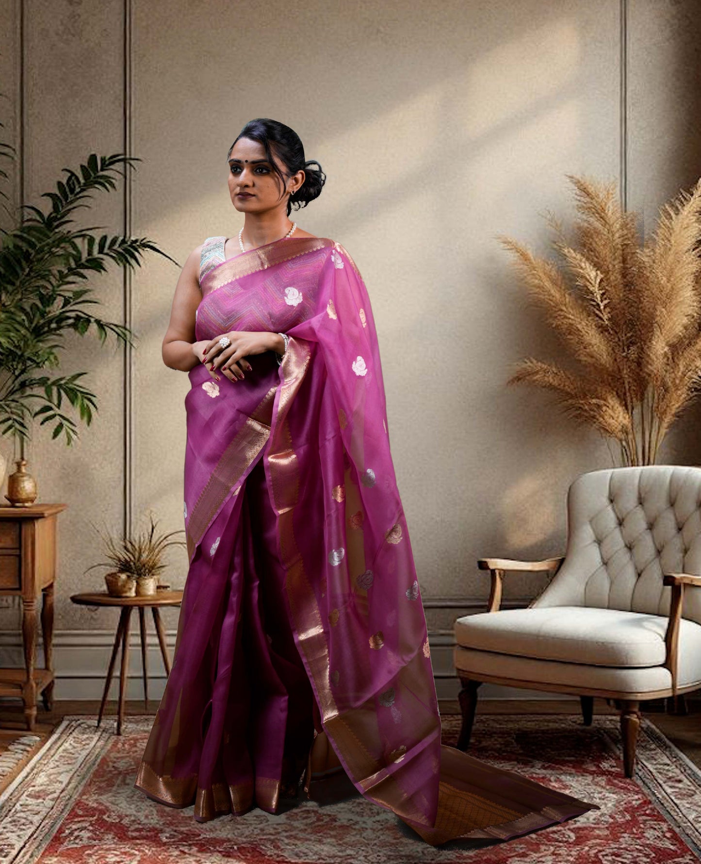 “Raaya” Mauve-Pink Kora Organza Banarasi Handloom Saree