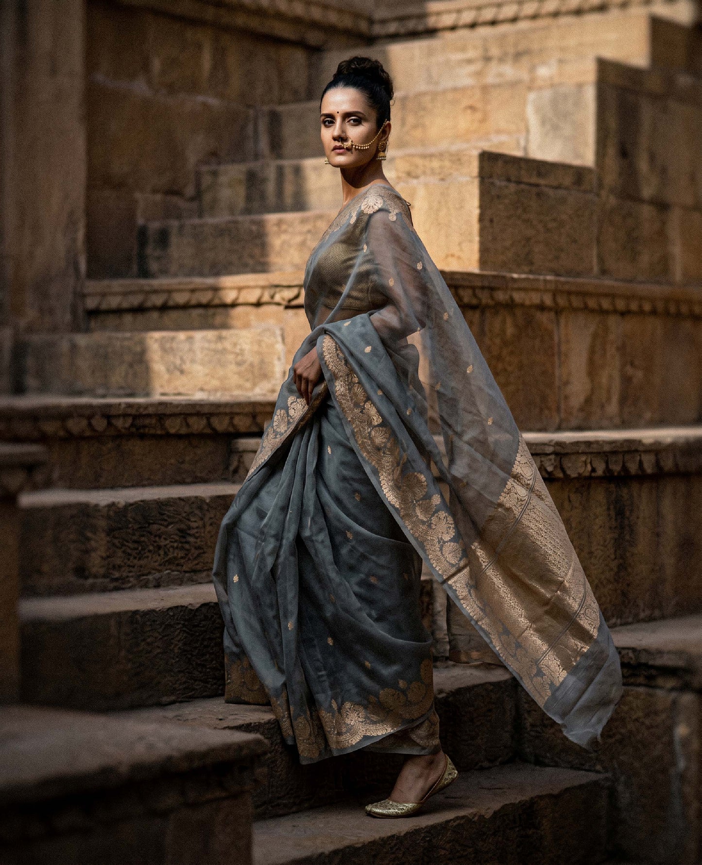 “Saanjh” Olive Grey Kora Organza Banarasi Handloom Saree