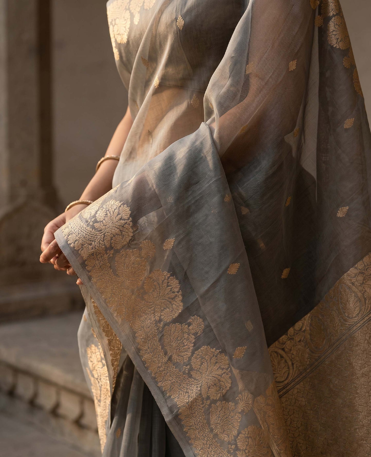 “Saanjh” Olive Grey Kora Organza Banarasi Handloom Saree