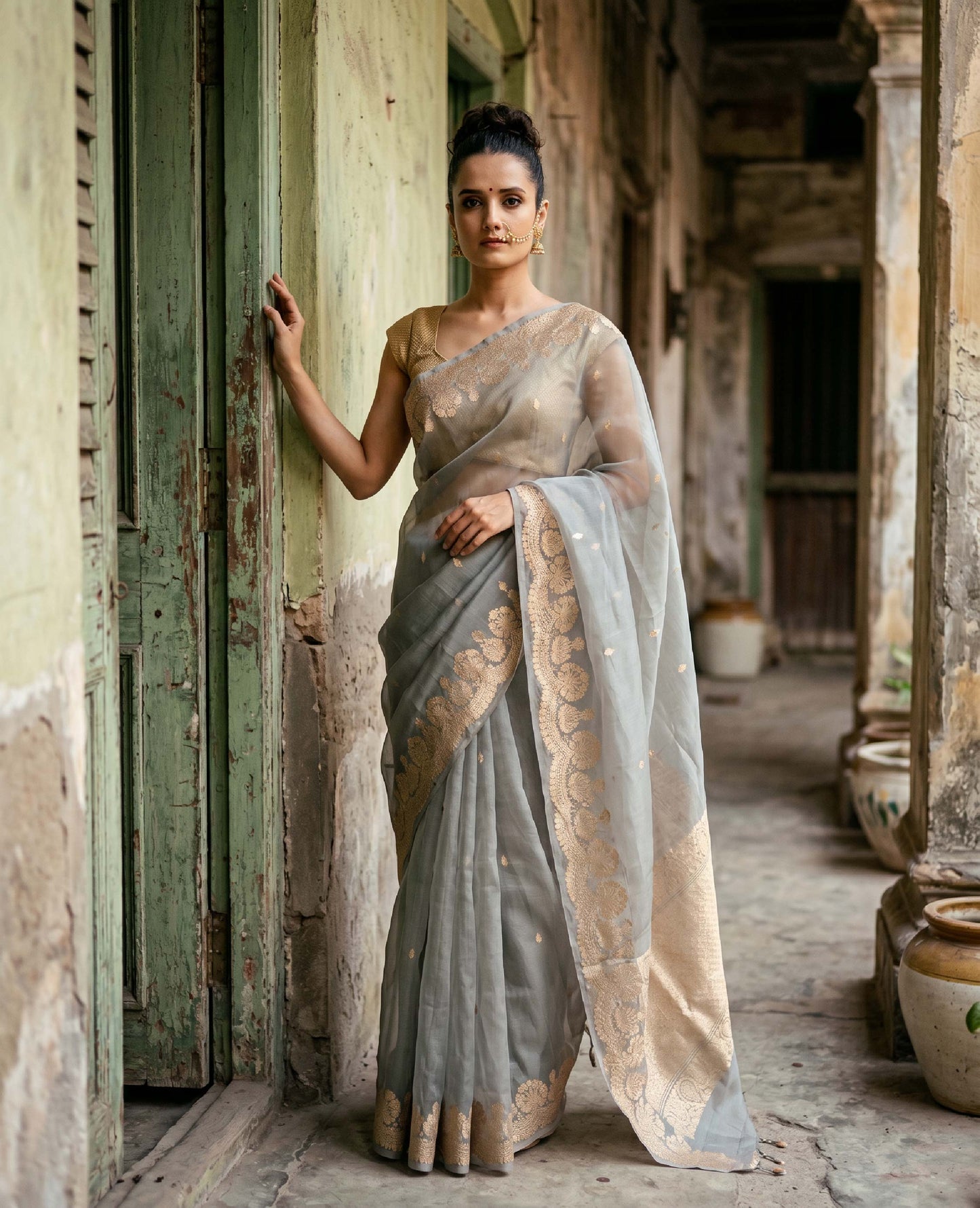 “Saanjh” Olive Grey Kora Organza Banarasi Handloom Saree