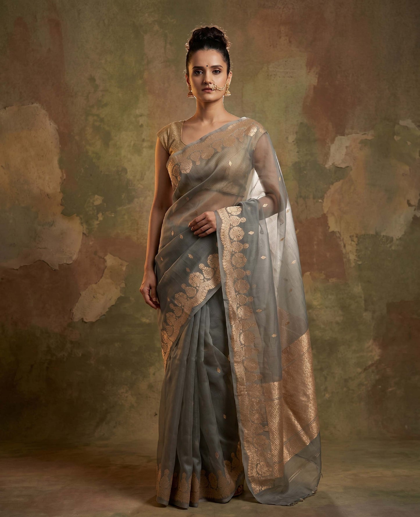 “Saanjh” Olive Grey Kora Organza Banarasi Handloom Saree