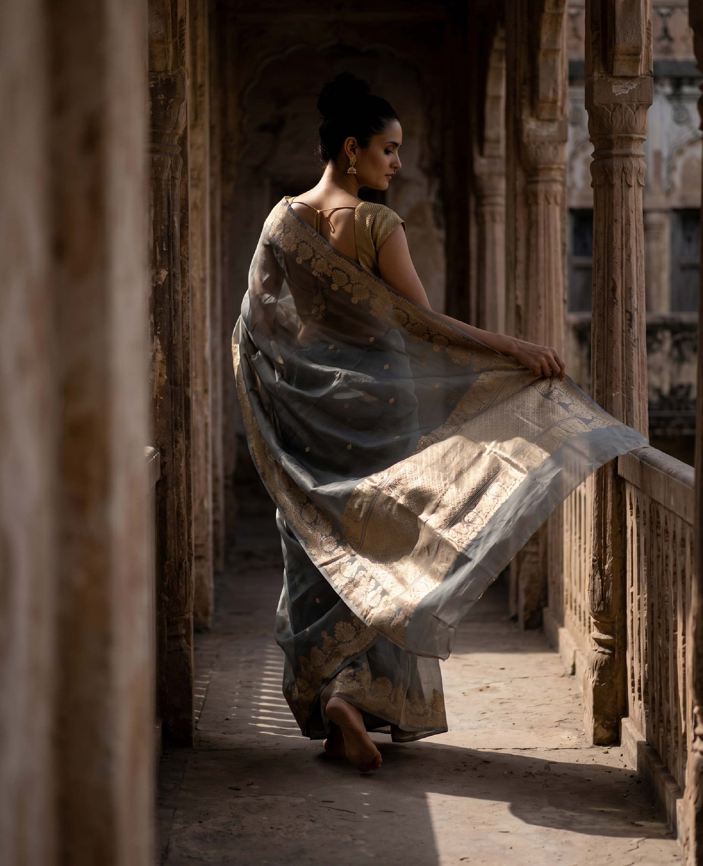 “Saanjh” Olive Grey Kora Organza Banarasi Handloom Saree