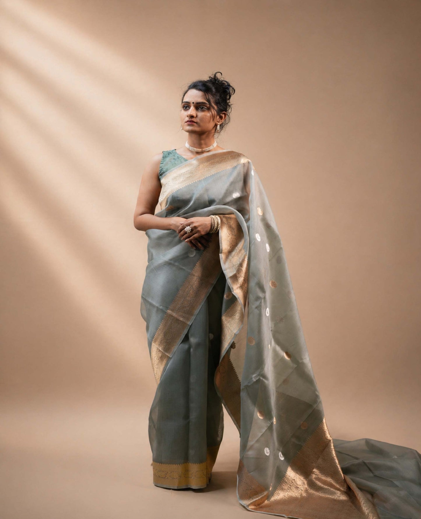 “Samaya” Olive-Grey Kora Organza Banarasi Handloom Saree